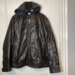 Michael Kors Dark Brown Faux Leather Hooded Zip Bomber Moto Jacket